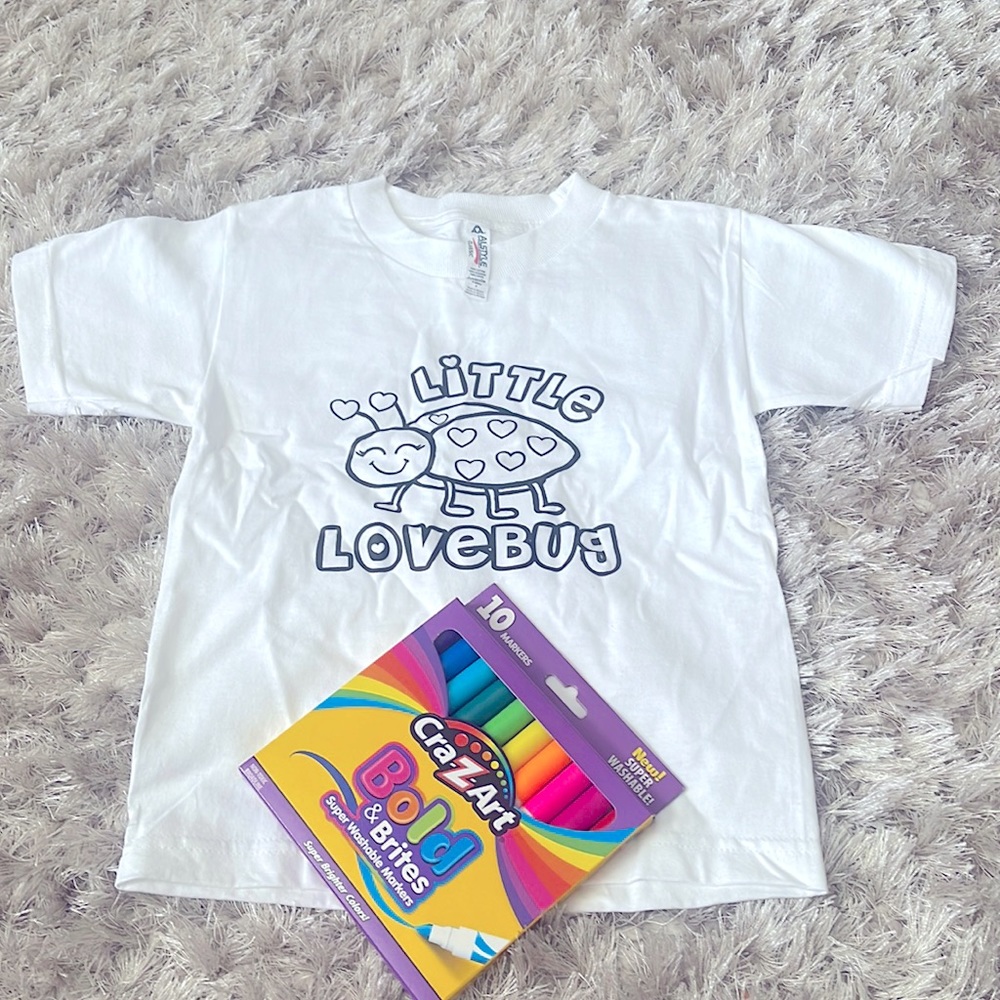 Kid’s coloring T-Shirt Little Love Bug great for valentines makers included